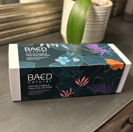 Baed votive trio candle box with botanical design front angle